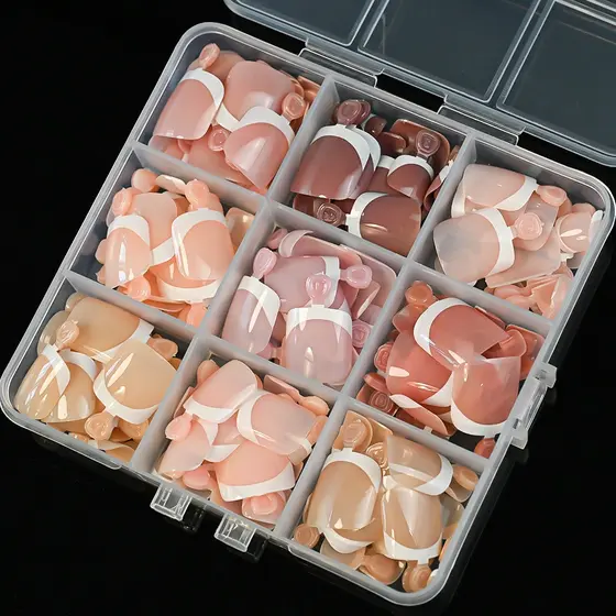 216 Peças Unhas Francesas Prensadas Nas Dos Pés Misturadas 9 Cores design Simples Falsas Na Caixa , Postiças Femininas