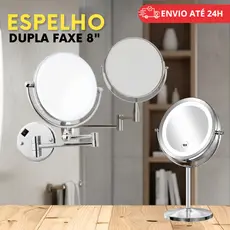 Espelho Emoldurado Dupla Face 8” com Aumento | Com ou Sem LED • Recarregável USB • Articulado • Latão Cromado • Uso Inte
