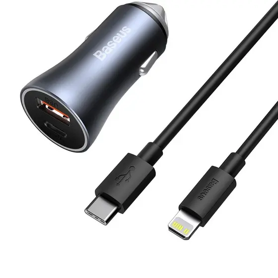 Baseus Carregador Veicular 40w com cabo Usb-C para Lightning 1m iPhone 7 8 9 X 11 12 13 14 Pro Max