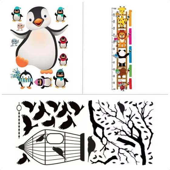 Kit 3 Adesivos Decorativos Pinguim Pássaros Régua Zoo Parede Papel adesivos adesivo de parede