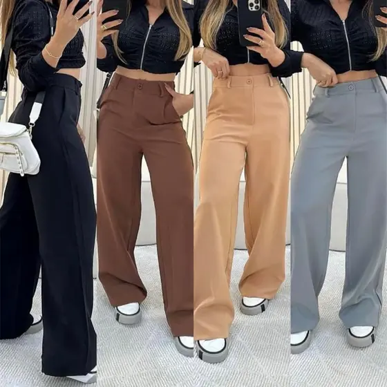Calça Alfaiataria Pantalona Cintura Alta Com Bolso PROMOÇÃO