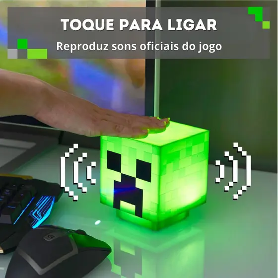 Luminária Minecraft Creeper Gamer Infantil Som Bateria Recarregável USB Luz LED Verde Cubo