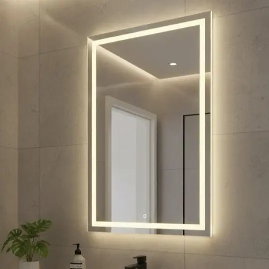 Espelho Grande com Led 3 Cores e Touch 70x50 Retangular Jateado Lapidado Para Banheiro Premium