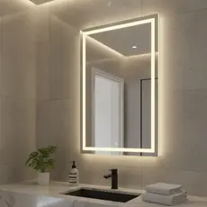 Espelho Grande com Led 3 cores e Touch Jateado Fino 70x50cm Lapidado para Banheiro e Decoração