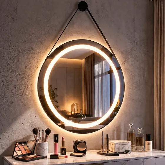 Espelho Redondo LED 3 Cores Adnet Jateado 40 a 60cm Botão Touch Alça Couro Premium Parede Banheiro