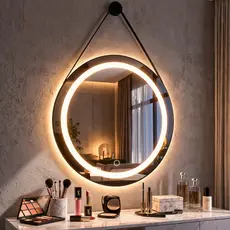 Espelho Redondo LED 3 Cores Adnet Jateado 40 a 60cm Botão Touch Alça Couro Premium Parede Banheiro
