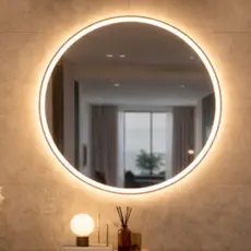 Espelho Redondo grande com LED 60x60 Botão Touch 3 Cores Jateado Lapidado Decorativo Banheiro