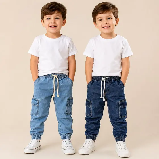 Kit 2 Calça infantil jeans jogger cargo masculino moda com punho 1 ao 8