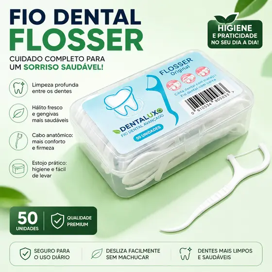 Fio Dental Flosser com Haste 50 Unidades Limpeza Profunda Higiene Bucal