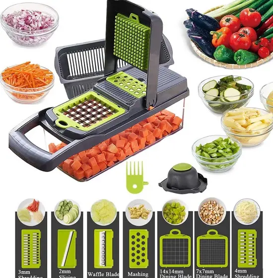 Cortador Multifuncional de Legumes e Frutas com 7 Lâminas – Fatiador, Ralador e Triturador com Cesto