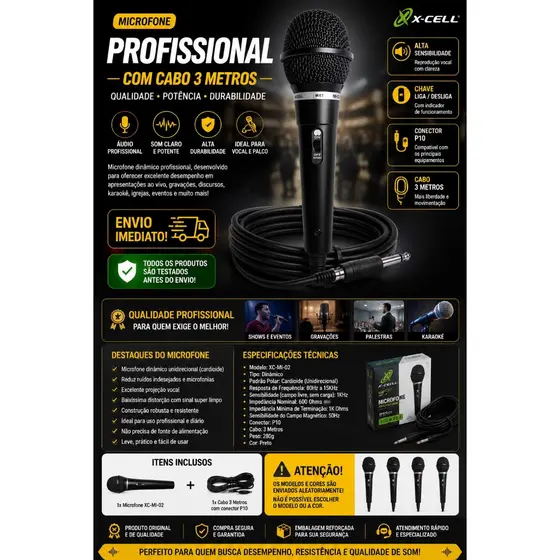 Microfone Profissional Com Cabo 3 Metros Fios Chave Liga Desliga Saída P10