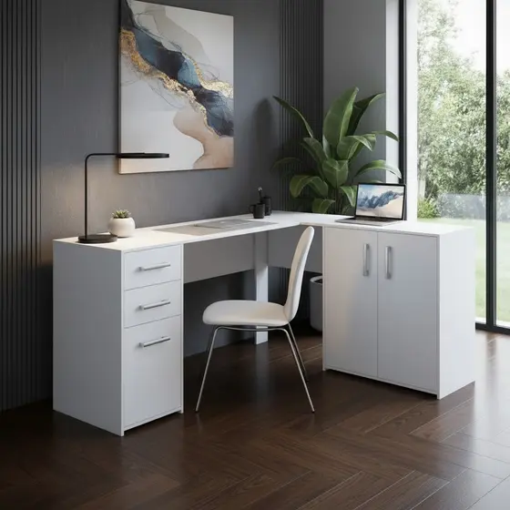 Mesa de Escritório em L 3 Gavetas 2 Portas  Denver