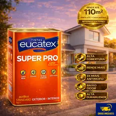Tinta Acrílica Lavável Super Pró Fosco 18 Litros Eucatex, Interna e Externa, Antimofo, Várias Cores
