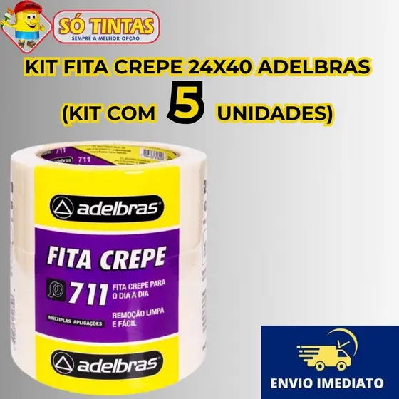 Kit 5 Fita Crepe Adelbras 711 Uso Geral 24mm x 40m – Rolos para Pintura, Artesanato e Uso Escolar