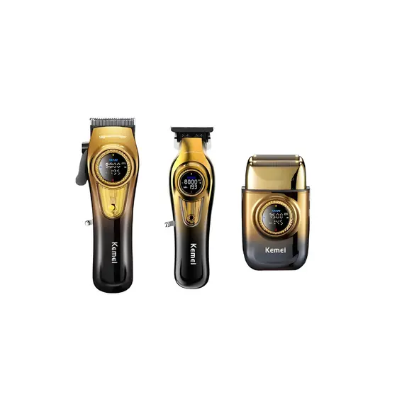 Kit 3 em 1 Máquina Profissional Kemei com base 8557 Sem fio Bivolt Recarregável USB