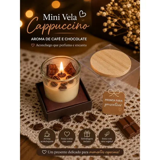 Mini Vela Aromática Cappuccino Presente com Caixa e Laço Aroma de Café e Chocolate