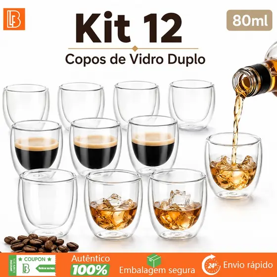 Belifou Kit 12 Jogo De Copos De Vidro Peças Café Dupla 80ml Resistente Transparente