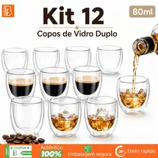 Belifou Kit 12 Jogo De Copos De Vidro Peças Café Dupla 80ml Resistente Transparente