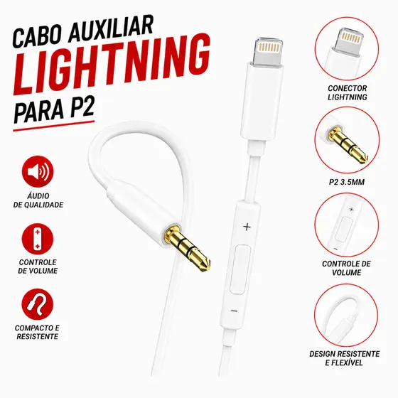 Cabo Auxiliar P2 para iPhone Lightning 1 Metro Áudio DAC Original Altomex