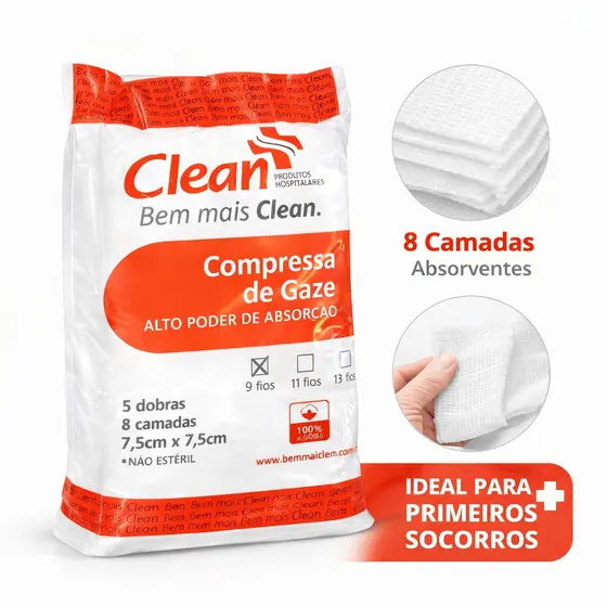 Compressa de Gaze Hidrófila 9 Fios 100g Clean Não Estéril Limpeza Curativo