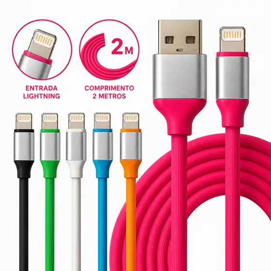 Cabo Carregador Lightning 2 Metros Emborrachado iPhone iPad Cores Sortidas