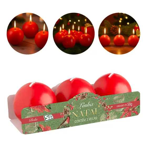 Vela Decorativa Bola Vermelha Natal Kit 3 Velas Redondas Mesa Enfeite