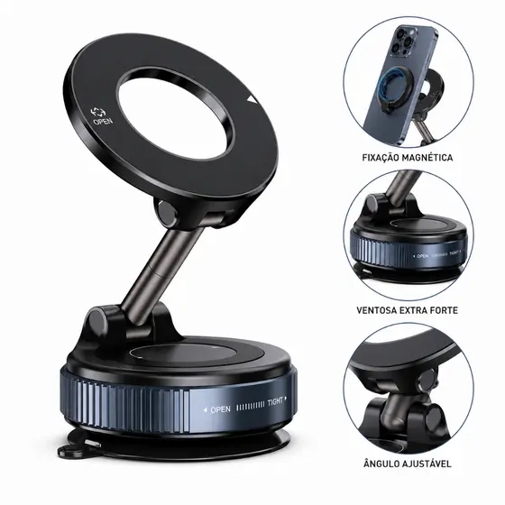 Suporte para Celular Magnético Dobrável com Ventosa Rotação 360°