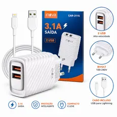 Fonte Carregador USB Dupla com Cabo iPhone Tipo C V8 Para Celular