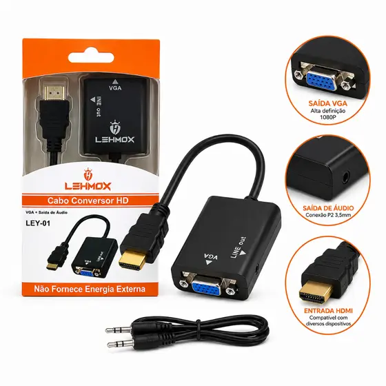 Adaptador HDMI Para VGA Premium Com Áudio P2 Full HD 1080P Original