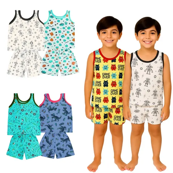Super Kit 8 Peças de Pijamas Regata Masculino – 4 Camisetas Leves + 4 Bermudas