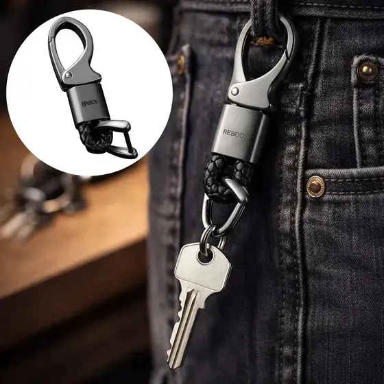 Kit Chaveiro Mosquetão Carro Metal Resistente Giratorio 360 Chaveiros Premium em Metal com Couro Sintético Preto