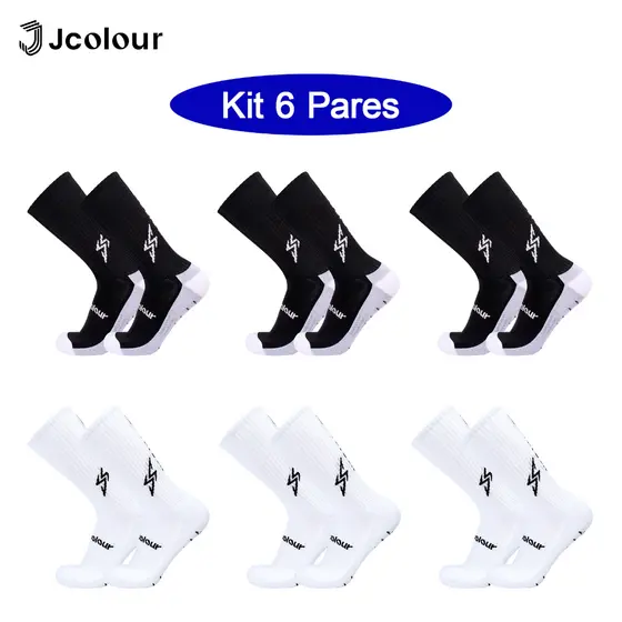 Jcolour Kit 6 Meias de Futebol tubo médio Thundergrip Esportivas Corrida Antiderrapante Futebol