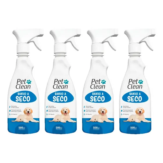 Kit 4 Banho a Seco Spray Sem Enxágue para Cachorro e Gato Pet Clean - 500 ml