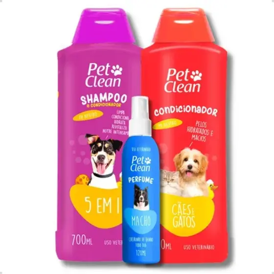 Kit Banho Shampoo 5 em 1 Creme Condicionador de Pelos e Perfume Macho para Cachorro e Gato Pet Clean