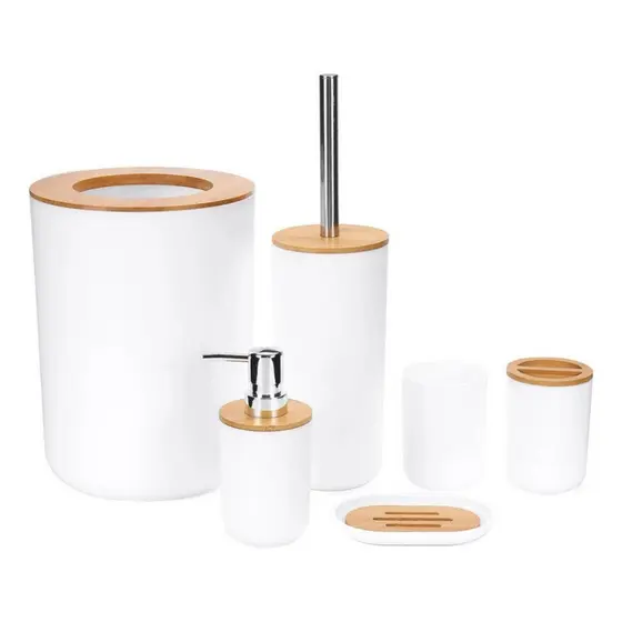 Kit Banheiro Branco Luxo Completo 6pçs Bambú Com Lixeira