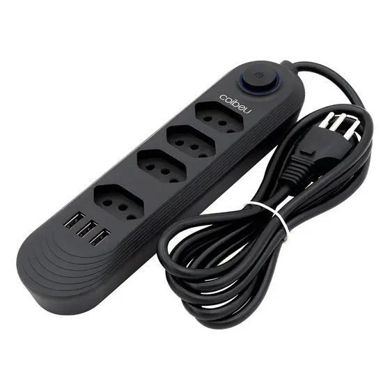 COIBEU Extensão Elétrica 2m 10A 4 Tomadas 3 USB Universal Bivolt Power 110v/220v