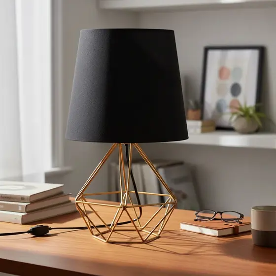 Luminária de Mesa Abajur Base Diamante Aramado Cúpula Tecido Escritório Quarto Moderno