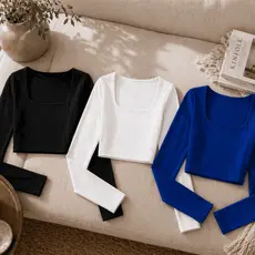 Kit 3 Cropped Feminino Suplex Alta Elasticidade Manga Longa Básico Elegante Tendência Inverno
