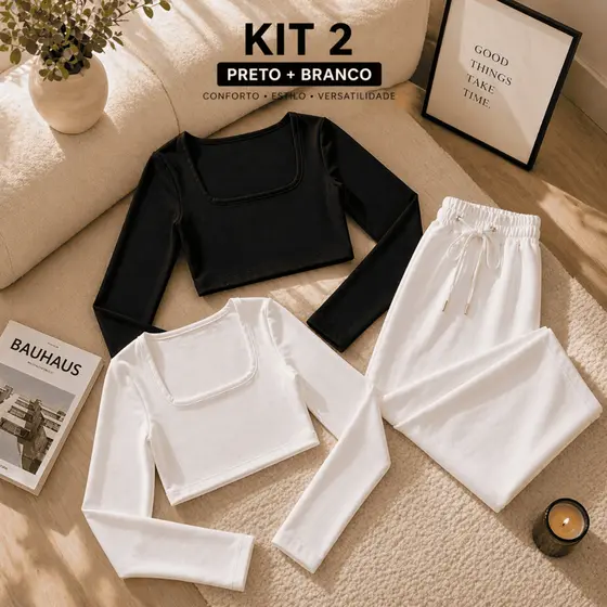Kit 2 Cropped Feminino Manga Longa Suplex Premium Decote Quadrado Blogueira Moda Casual Inverno Confortável