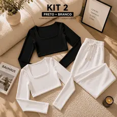 Kit 2 Cropped Feminino Manga Longa Suplex Premium Decote Quadrado Blogueira Moda Casual Inverno Confortável