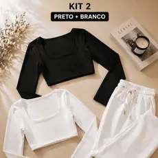 Kit 2 Cropped Feminino Manga Longa Suplex Premium Blogueira Elegante Básico Inverno Alta Elasticidade Casual