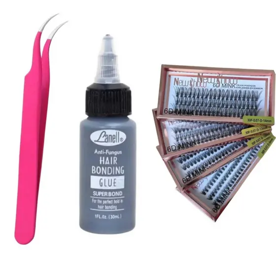 Conjunto de Cola Lanell 30ml + Pinça Vetus + NEW SHOW Cílios Postiços 6D MINK - Tufos Sem nó