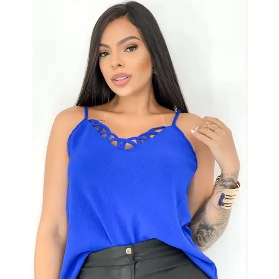 🧡 Blusa Feminina Regata Tecido Duna com Decote Trançado azul - Tendência Verão 2025 M G GG