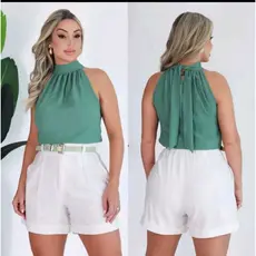 Blusa Feminina Gola Alta Franzida Verde – Moda Casual Elegante Verão