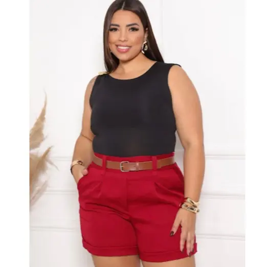 hort Feminino Plus Size Alfaiataria Cintura Alta com Cinto Elegante Moda Verão