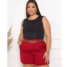 hort Feminino Plus Size Alfaiataria Cintura Alta com Cinto Elegante Moda Verão