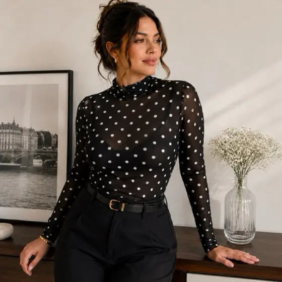 Blusa Tule Manga Longa Estampada Transparente Confortável Para Outono Inverno- Moda Feminina