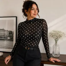 Blusa Tule Manga Longa Estampada Transparente Confortável Para Outono Inverno- Moda Feminina