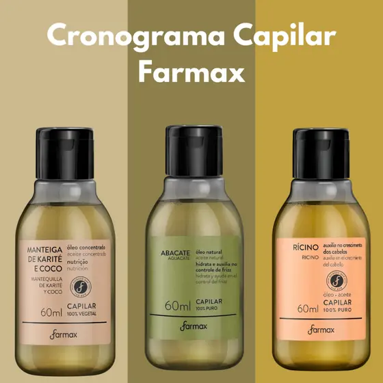 Cronograma Capilar, Tratamento Capilar, Óleo de Karite+coco, Óleo de Abacate e Óleo de Rícino 100ml Farmax