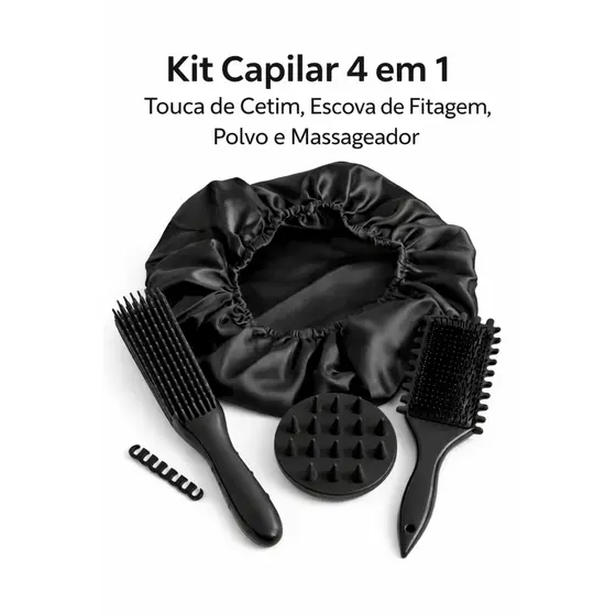 Kit Cachos Perfeitos 4 em 1 Escova de Fitagem Escova Polvo Massageador Touca Cetim